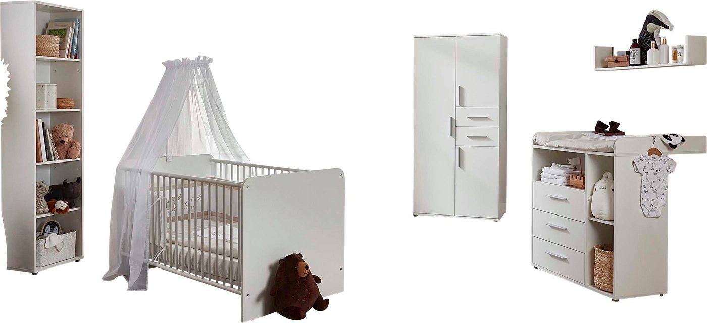 BMG Möbel Babyzimmer-Komplettset Lea, (Set, 5-St., Bett, Wickelkommode, Schrank, Standregal, Wandboard), Bett + Wickelkommode + 3-trg. Schrank + Standregal + Wandboard von BMG Möbel