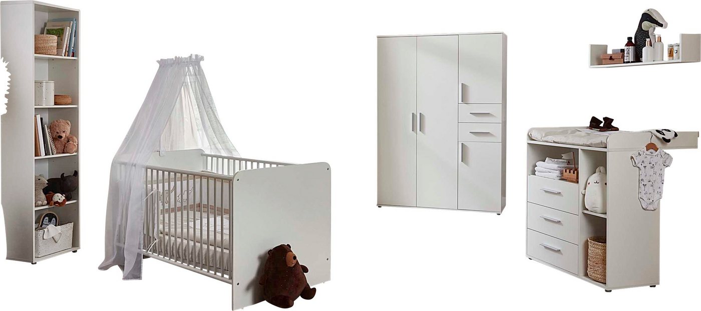 BMG Möbel Babyzimmer-Komplettset Lea, (Set, 5-St., Bett, Wickelkommode, Schrank, Standregal, Wandboard), Bett + Wickelkommode + 4-trg. Schrank + Standregal + Wandboard von BMG Möbel