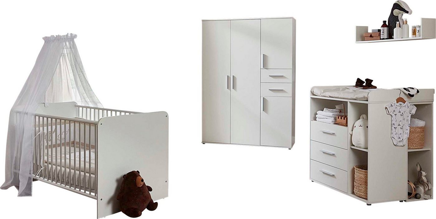 BMG Möbel Babyzimmer-Komplettset Lea, (Set, 6-St., Bett, Wickelkommode, Unterbauregal, Schrank, Wandboard), Bett + Wickelkommode + 2x Unterbauregal + 4-trg. Schrank + Wandboard von BMG Möbel