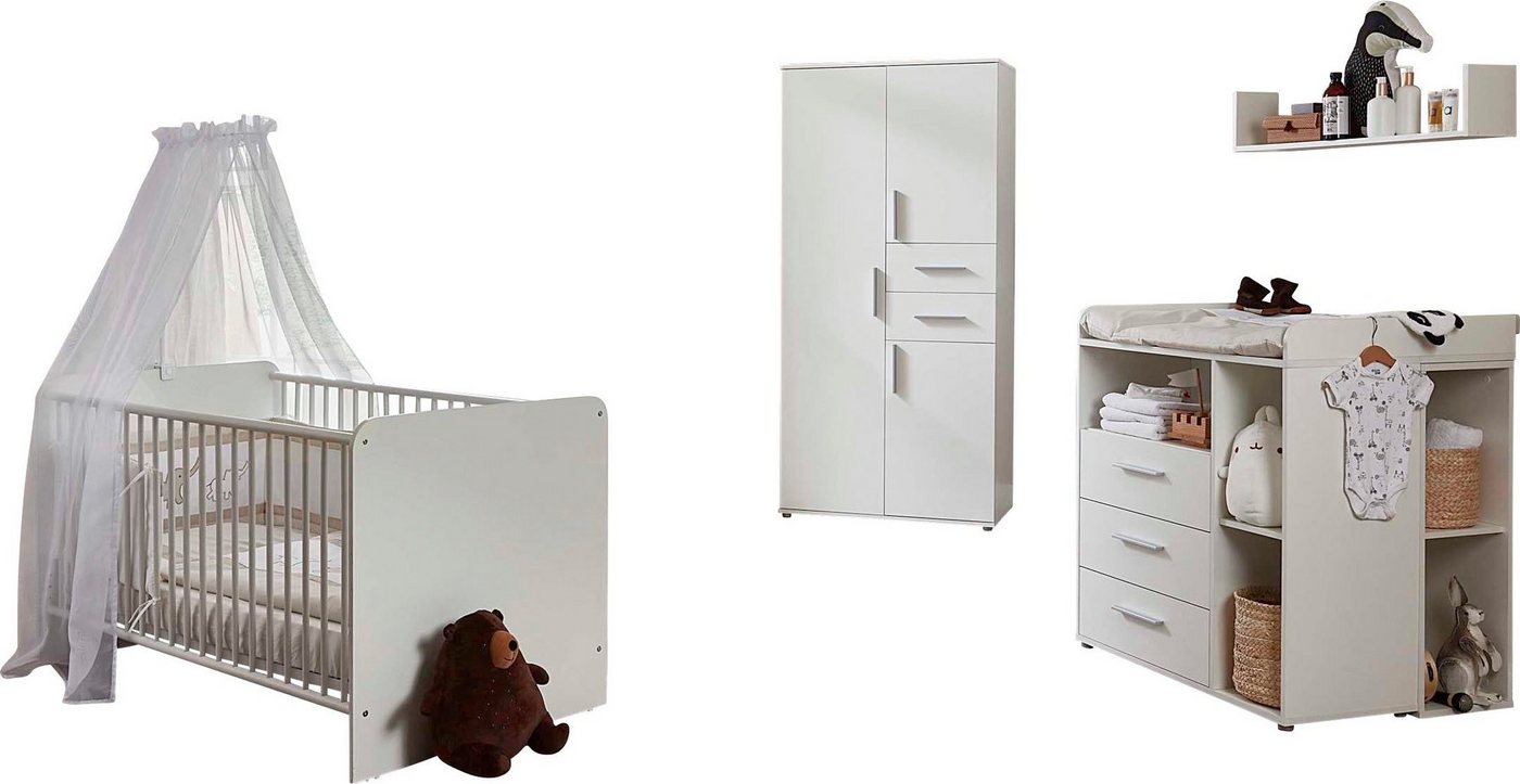 BMG Möbel Babyzimmer-Komplettset Lea, (Set, 6-St., Bett, Wickelkommode, Unterbauregale, Schrank, Wandboard), Bett + Wickelkommode + 2x Unterbauregal + 3-trg. Schrank + Wandboard von BMG Möbel