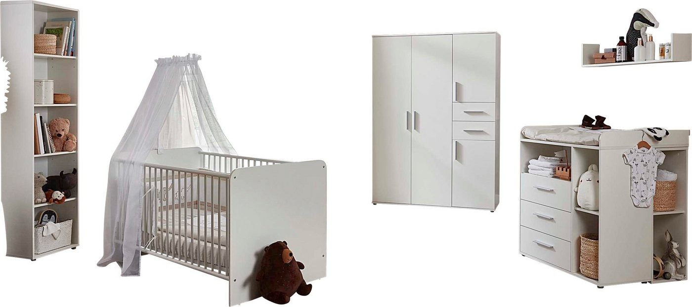 BMG Möbel Babyzimmer-Komplettset Lea, (Set, 7-St., Bett, Wickelkommode, Schrank, Standregal, Unterstellregal, Wandboard), Bett + Wickelkommode + 4-trg. Schrank + Standregal + Unterstellregal von BMG Möbel