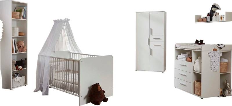 BMG Möbel Babyzimmer-Komplettset Lea, (Set, 7-St., Bett, Wickelkommode, Schrank, Standregal, Unterstellregale, Wandboard), Bett + Wickelkommode + 3-trg. Schrank + Standregal + Wandboard von BMG Möbel