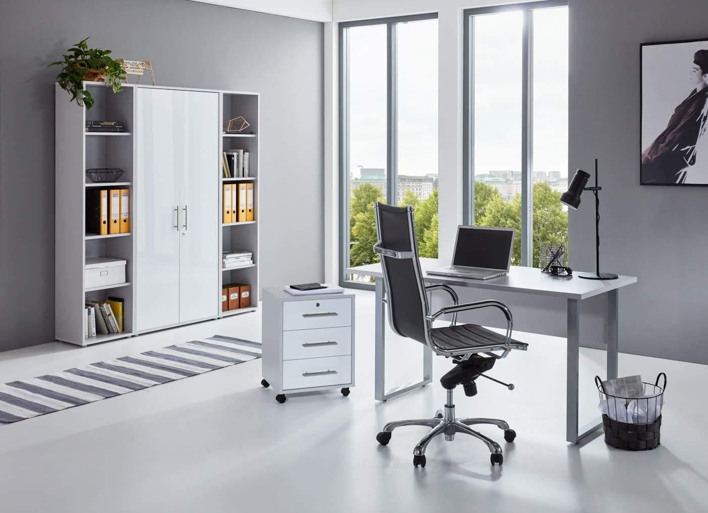 BMG Möbel Büromöbel-Set Office Edition Mini Set 3, Büromöbel komplett Set Arbeitszimmer Homeoffice in Lichtgrau/Weiß Hochglanz MADE IN GERMANY von BMG Möbel