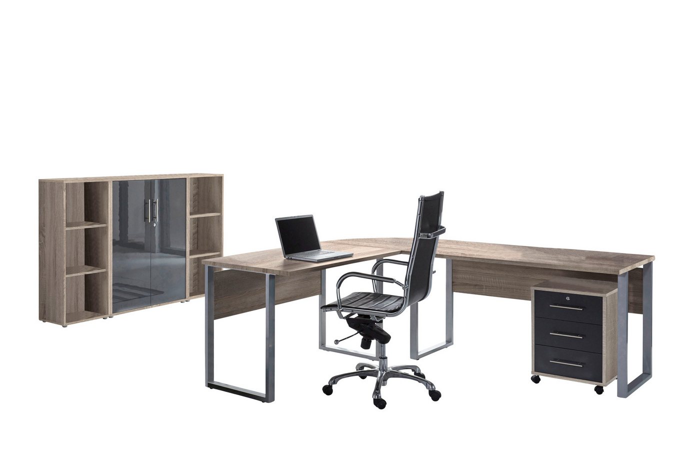 BMG Möbel Büromöbel-Set Office Edition Set 2, (Büro Set, 5 tlg., Fronten Matt oder Hochglanz lackiert), Aktenschrank und Rollcontainer abschließbar, Winkelschreibtisch von BMG Möbel