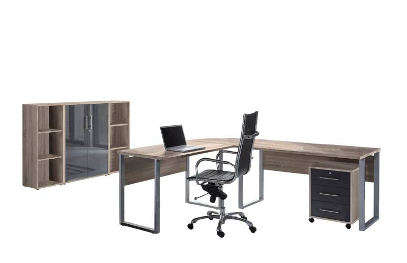 BMG Möbel Büromöbel-Set Office Edition Set 2, (Büro Set, 5 tlg., Fronten Matt oder Hochglanz lackiert), Aktenschrank und Rollcontainer abschließbar, Winkelschreibtisch von BMG Möbel