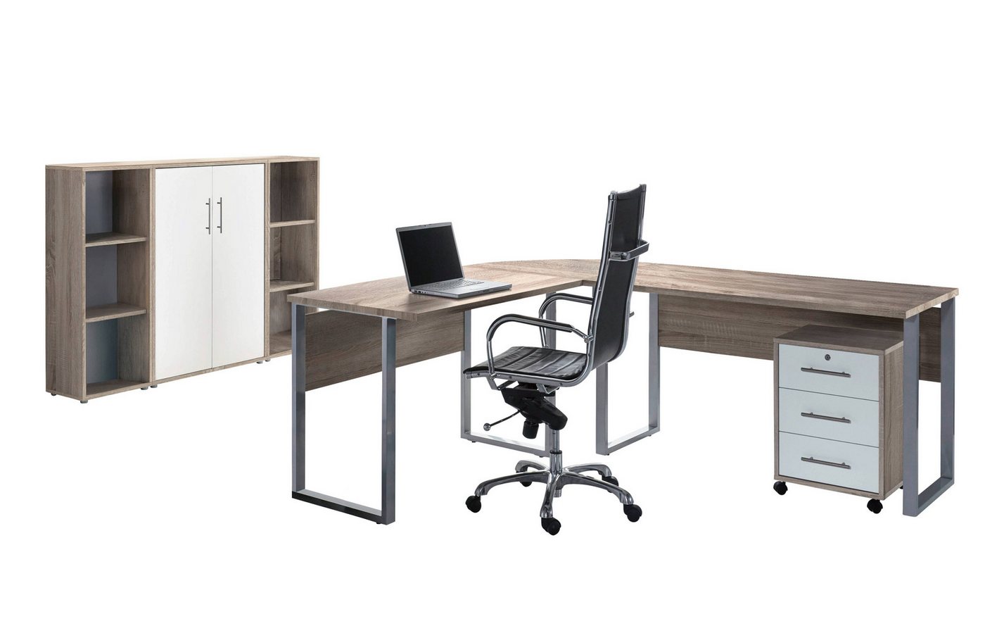BMG Möbel Büromöbel-Set Office Edition Set 2, (Büro Set, 5 tlg., Fronten Matt oder Hochglanz lackiert), Aktenschrank und Rollcontainer abschließbar, Winkelschreibtisch von BMG Möbel