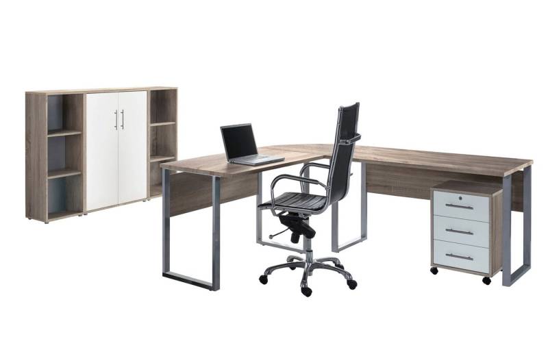 BMG Möbel Büromöbel-Set Office Edition Set 2, (Büro Set, 5 tlg., Fronten Matt oder Hochglanz lackiert), Aktenschrank und Rollcontainer abschließbar, Winkelschreibtisch von BMG Möbel