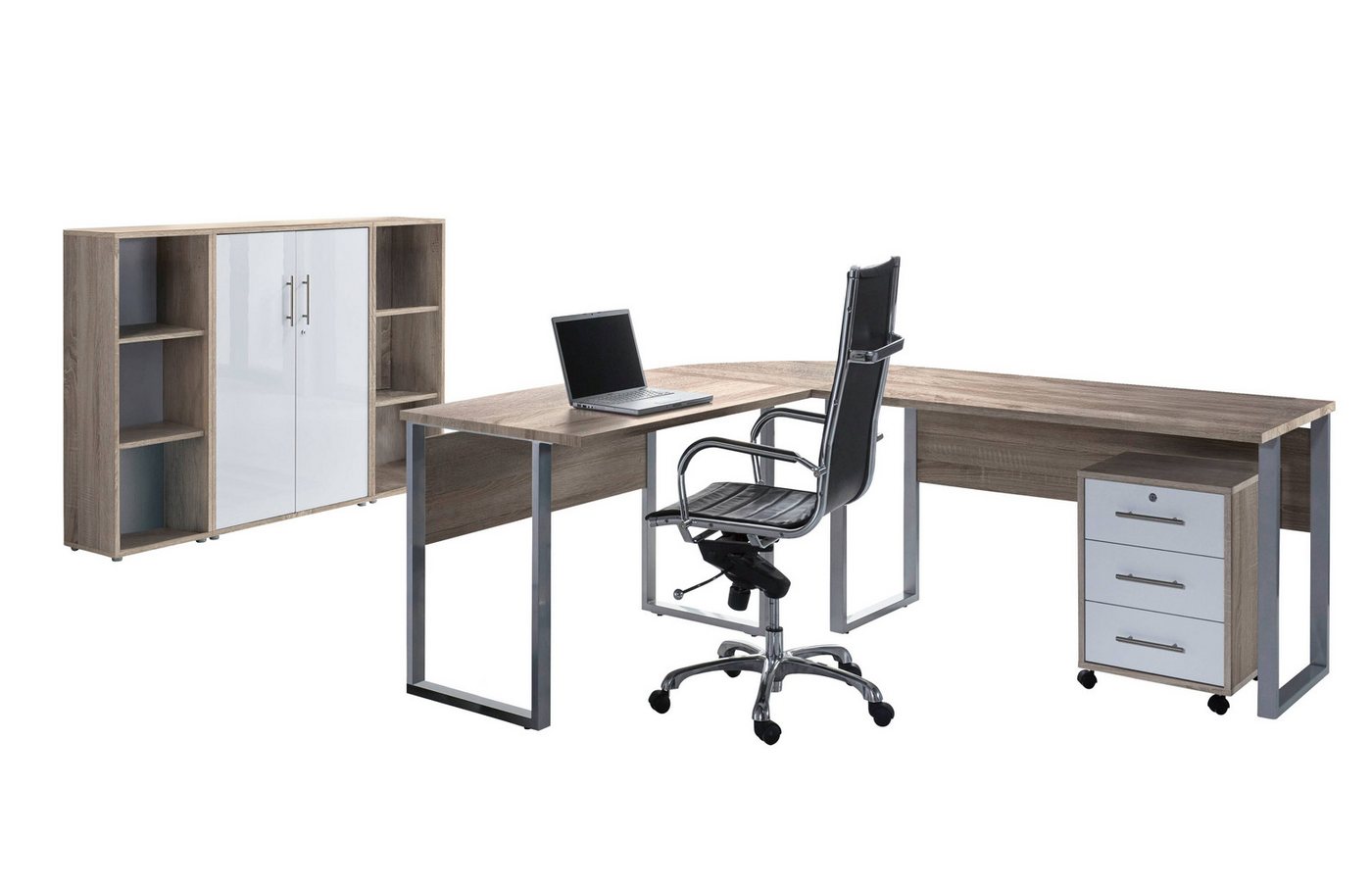 BMG Möbel Büromöbel-Set Office Edition Set 2, (Büro Set, 5 tlg., Fronten Matt oder Hochglanz lackiert), Aktenschrank und Rollcontainer abschließbar, Winkelschreibtisch von BMG Möbel