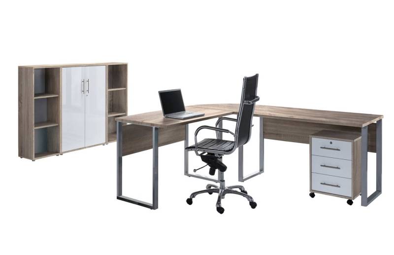 BMG Möbel Büromöbel-Set Office Edition Set 2, (Büro Set, 5 tlg., Fronten Matt oder Hochglanz lackiert), Aktenschrank und Rollcontainer abschließbar, Winkelschreibtisch von BMG Möbel