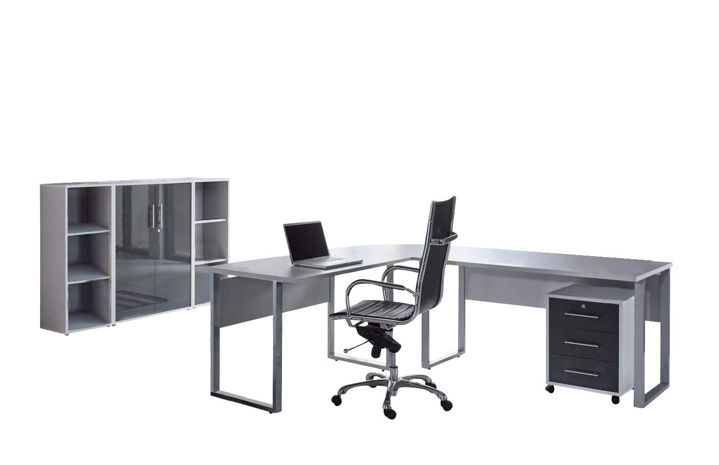 BMG Möbel Büromöbel-Set Office Edition Set 2, (Büro Set, 5 tlg., Fronten Matt oder Hochglanz lackiert), Aktenschrank und Rollcontainer abschließbar, Winkelschreibtisch von BMG Möbel