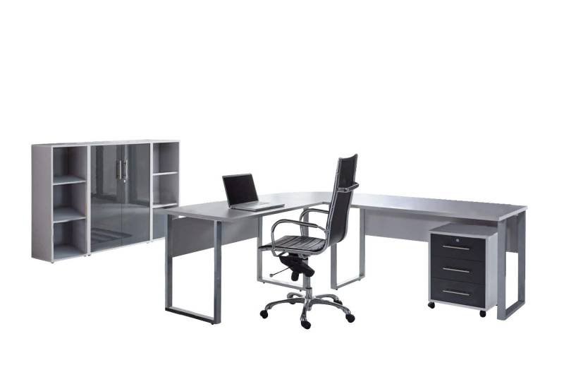 BMG Möbel Büromöbel-Set Office Edition Set 2, (Büro Set, 5 tlg., Fronten Matt oder Hochglanz lackiert), Aktenschrank und Rollcontainer abschließbar, Winkelschreibtisch von BMG Möbel