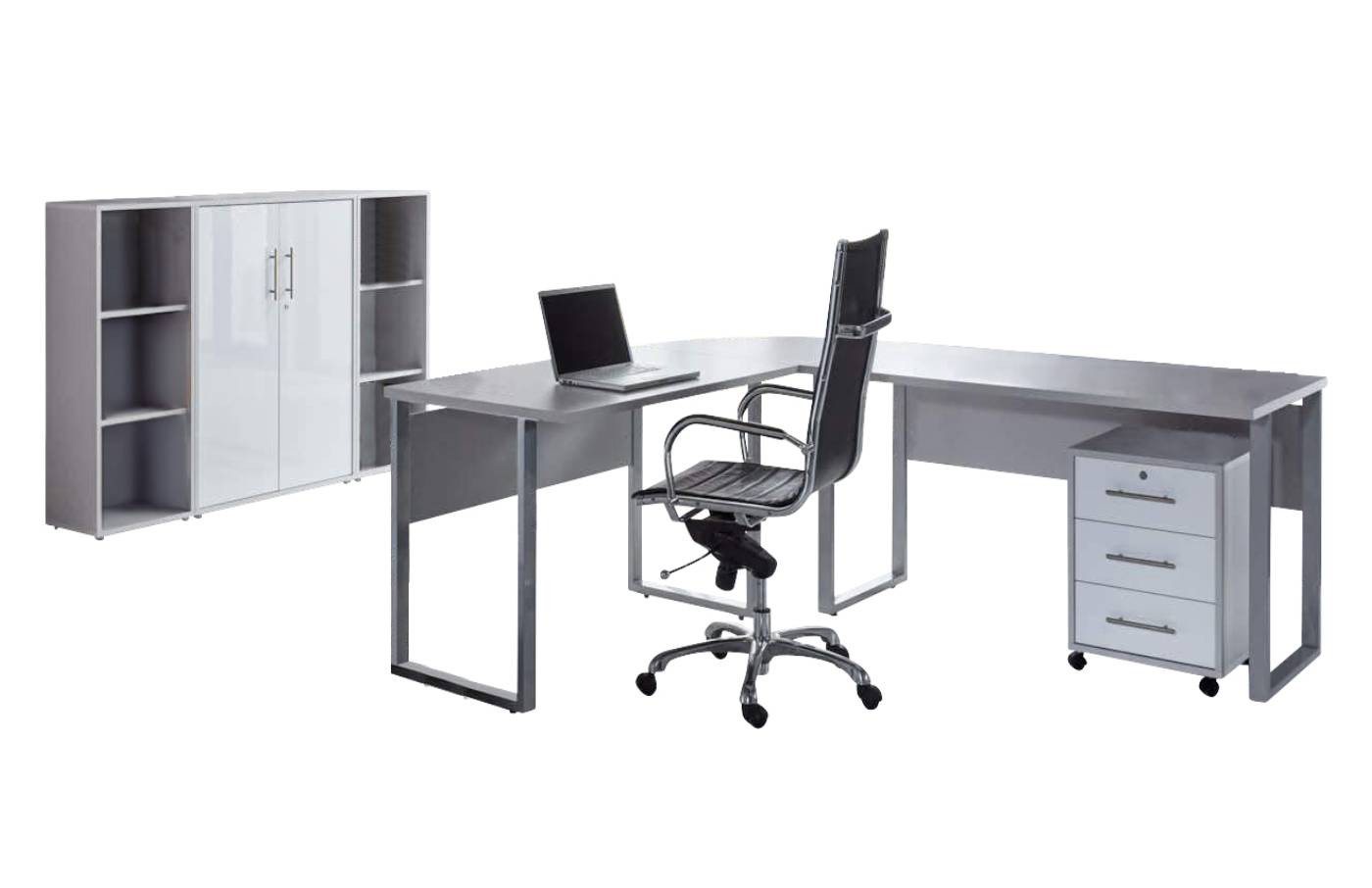 BMG Möbel Büromöbel-Set Office Edition Set 2, (Büro Set, 5 tlg., Fronten Matt oder Hochglanz lackiert), Aktenschrank und Rollcontainer abschließbar, Winkelschreibtisch von BMG Möbel