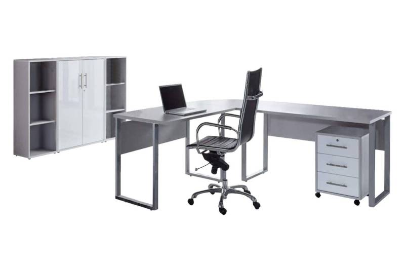 BMG Möbel Büromöbel-Set Office Edition Set 2, (Büro Set, 5 tlg., Fronten Matt oder Hochglanz lackiert), Aktenschrank und Rollcontainer abschließbar, Winkelschreibtisch von BMG Möbel