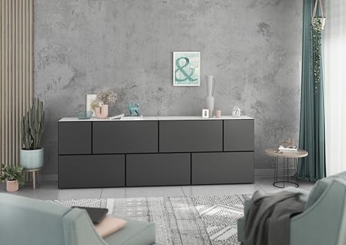 BMG Möbel Colorado Wohnzimmer Sideboard/Lowboard Set 7 TLG. in wählbar in 8 modernen Farbkombinationen, MDF Fronten mit Softclose 228 cm (Weiß - Anthrazit Matt) von BMG Möbel