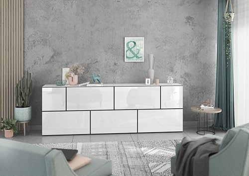 BMG Möbel Colorado Wohnzimmer Sideboard/Lowboard Set 7 TLG. in wählbar in 8 modernen Farbkombinationen, MDF Fronten mit Softclose 228 cm (Weiß - Weiß Hochglanz) von BMG Möbel