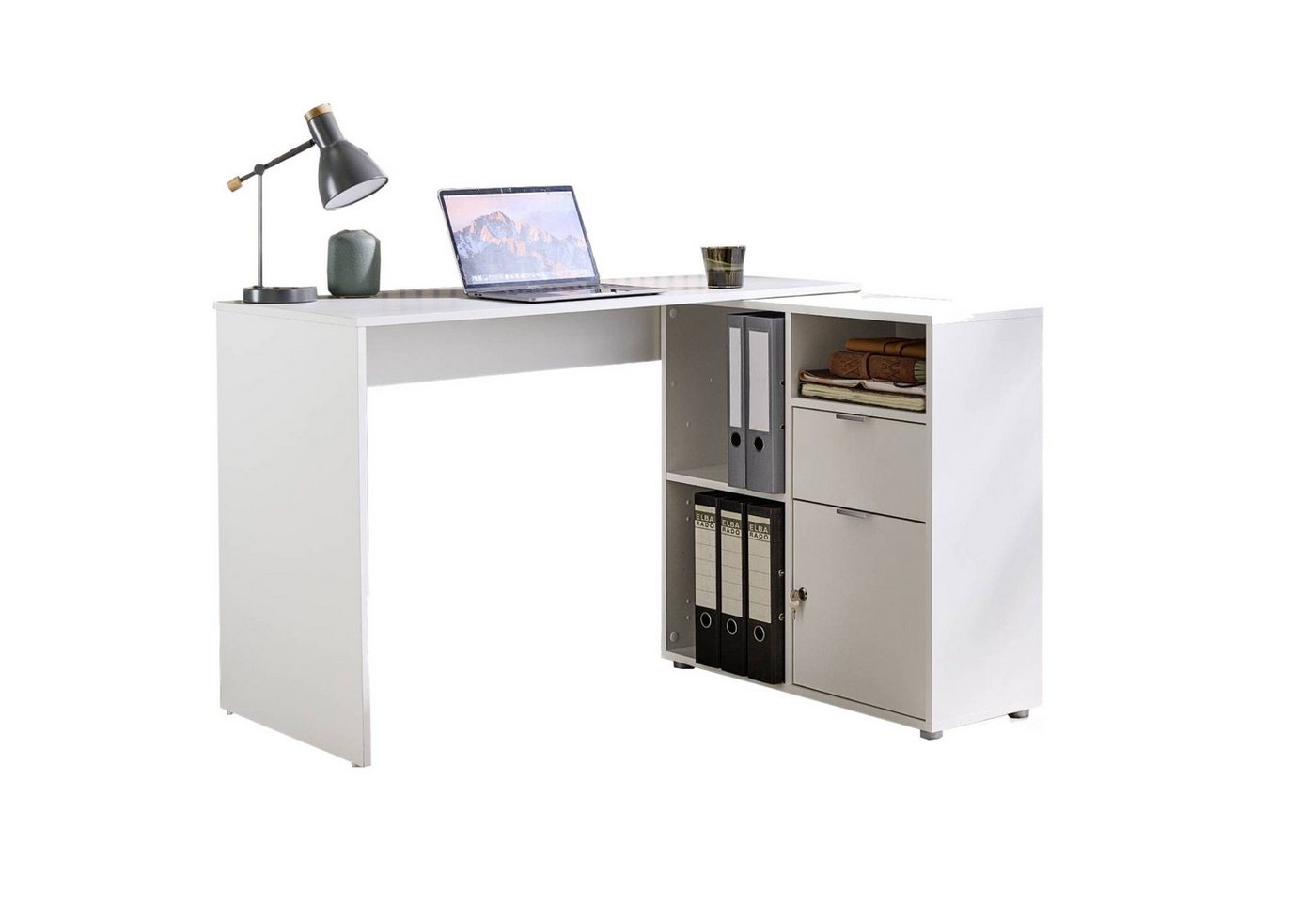 BMG Möbel Eckschreibtisch LENI (Schreibtischplatte mit Regal), Breite 110 cm, spiegelverkehrt montierbar, abschließbare Tür von BMG Möbel