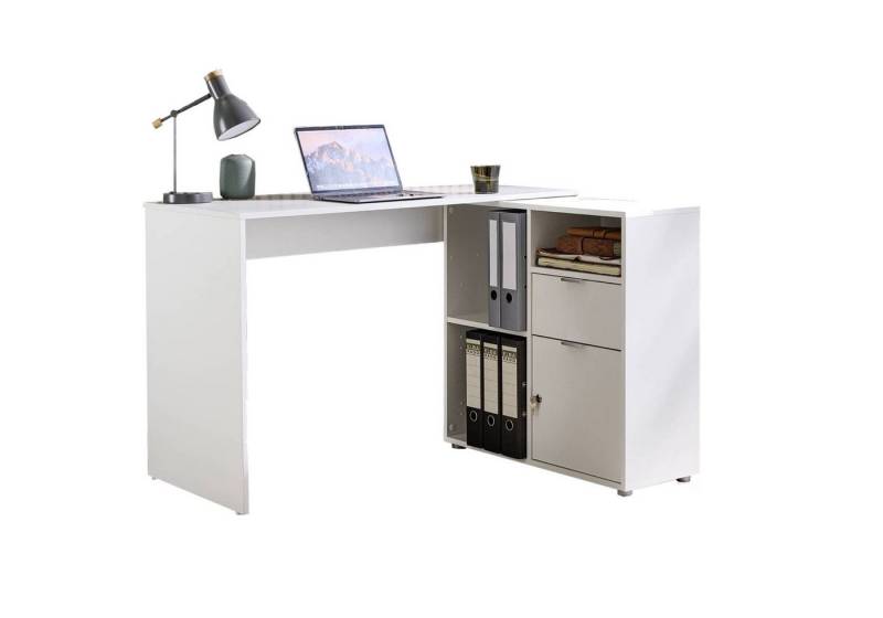 BMG Möbel Eckschreibtisch LENI (Schreibtischplatte mit Regal), Breite 110 cm, spiegelverkehrt montierbar, abschließbare Tür von BMG Möbel