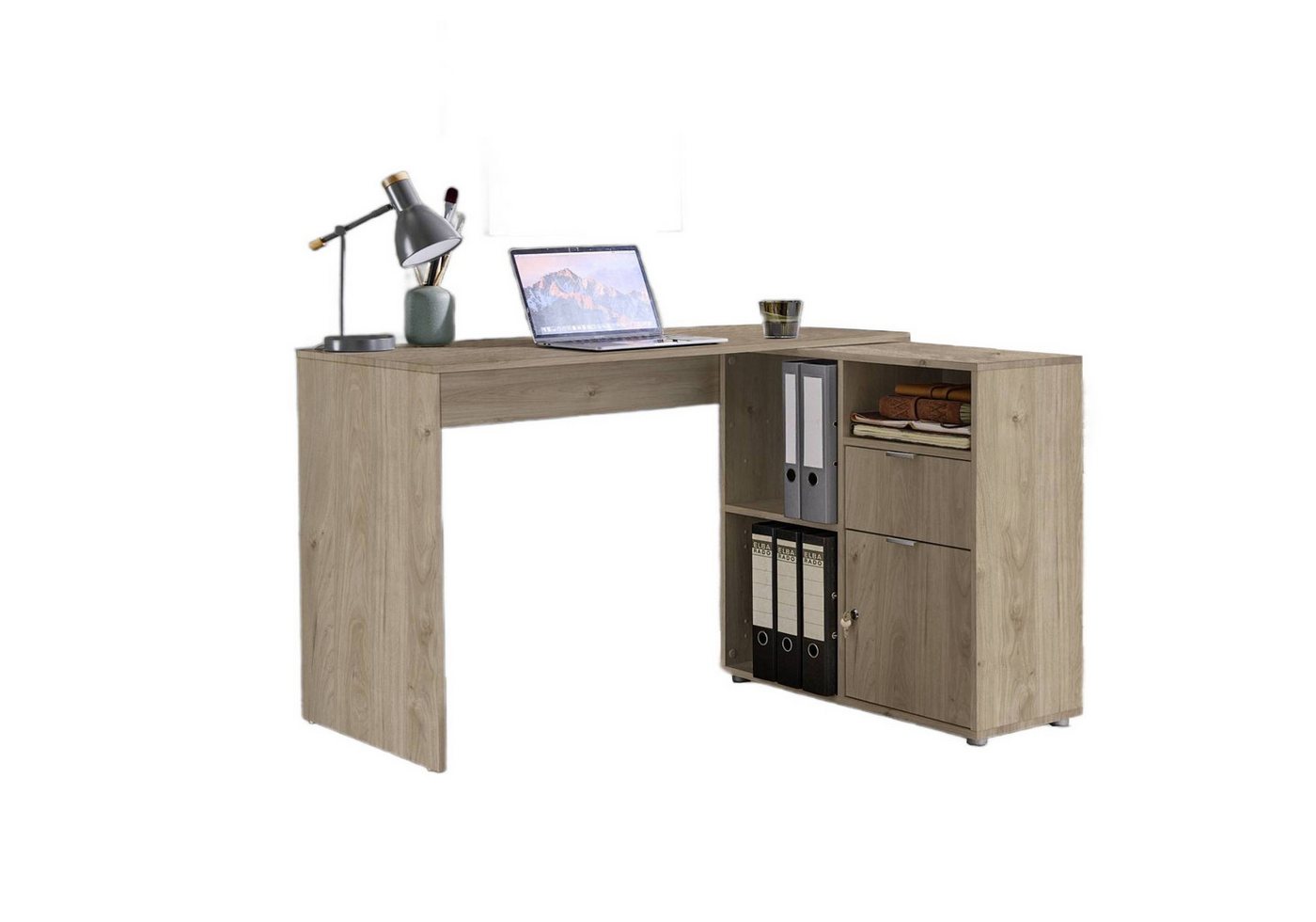BMG Möbel Eckschreibtisch LENI (Schreibtischplatte mit Regal), Breite 110 cm, spiegelverkehrt montierbar, abschließbare Tür von BMG Möbel