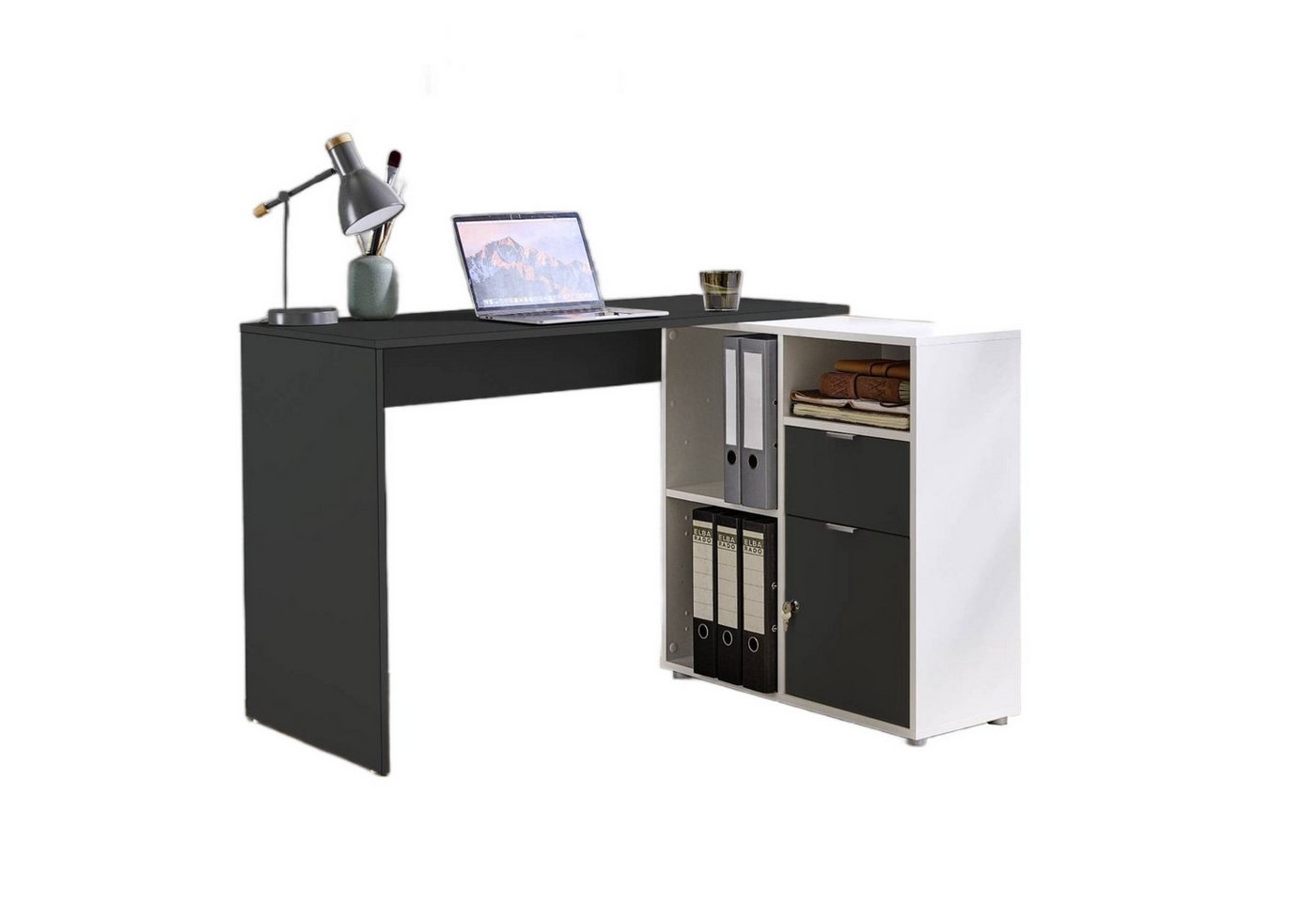 BMG Möbel Eckschreibtisch LENI (Schreibtischplatte mit Regal), Breite 110 cm, spiegelverkehrt montierbar, abschließbare Tür von BMG Möbel
