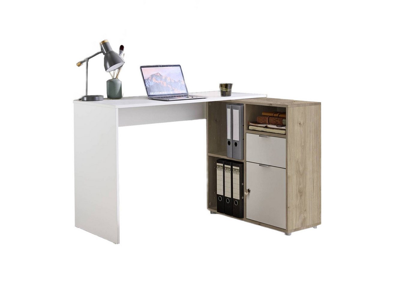 BMG Möbel Eckschreibtisch LENI (Schreibtischplatte mit Regal), Breite 110 cm, spiegelverkehrt montierbar, abschließbare Tür von BMG Möbel