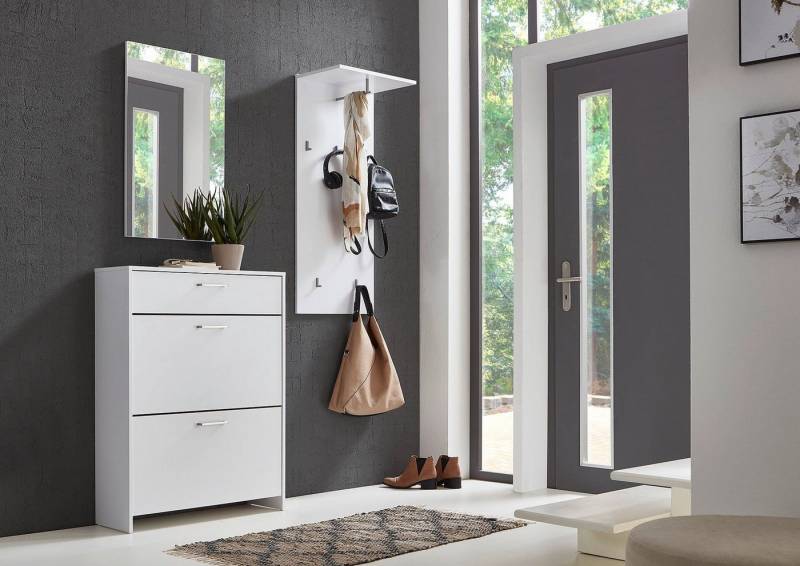 BMG Möbel Garderoben-Set Schuhkipper Palermo, (inkl. Spiegel, Wandpaneel mit hochwertigen Metallhaken), Fronten mit Metallgriffen in Hochglanz Weiß lackiert, Made in Germany von BMG Möbel