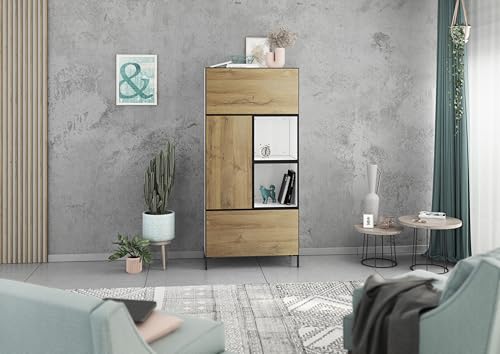 BMG Möbel Highboard Schrankset 5 teilig Modul+ individuell montierbar in weiß oder anthrazit Fronten wählbar in 4 (Weiß - Evoke Eiche, Mit Füßen) von BMG Möbel