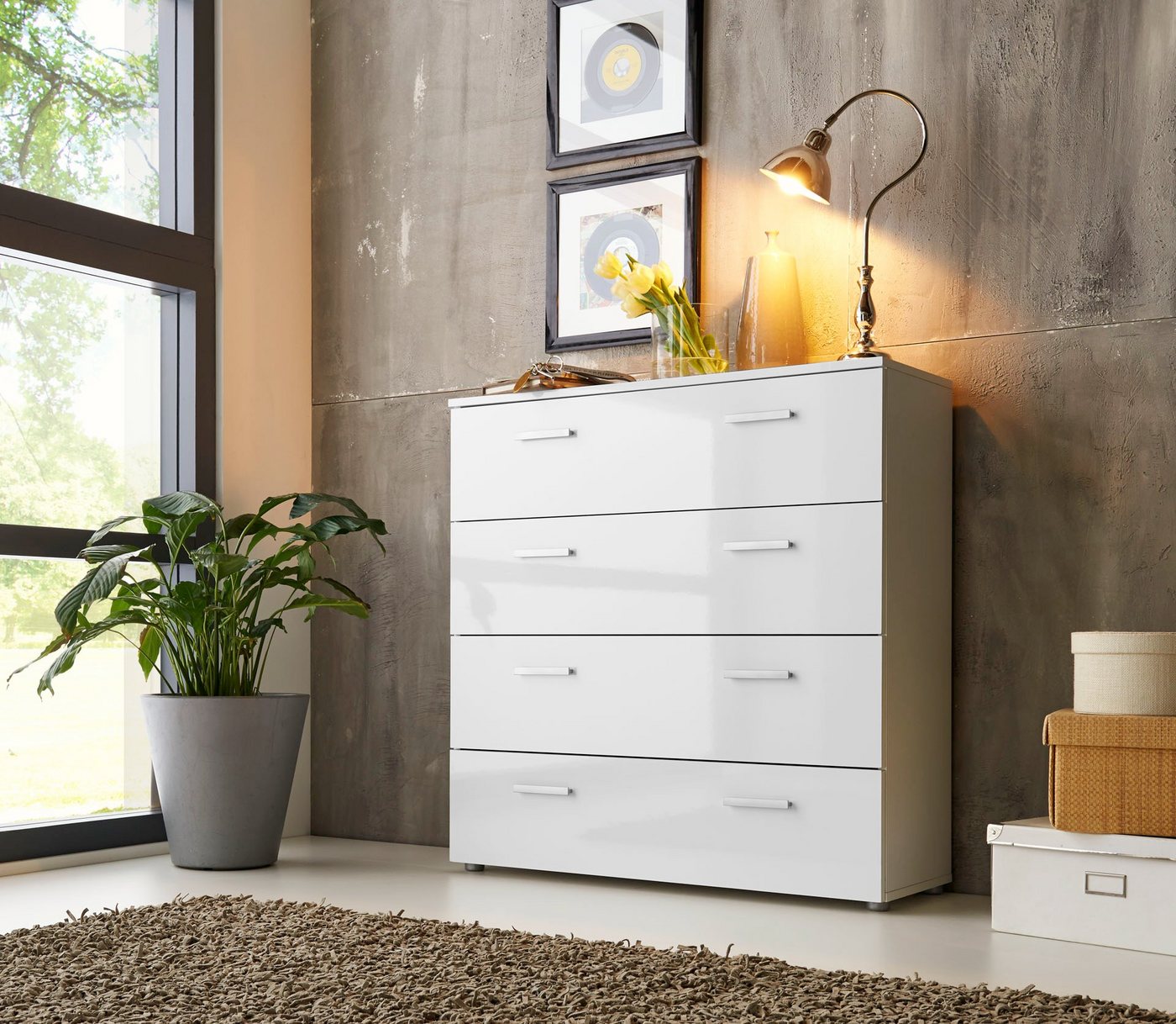 BMG Möbel Kommode Monaco (Schubkastenkommode mit 4 Schubkästen, 88 cm breit), Fronten und Oberboden in weiß Hochglanz von BMG Möbel