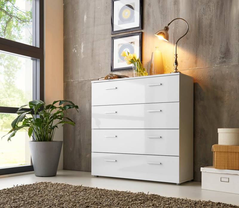 BMG Möbel Kommode Monaco (Schubkastenkommode mit 4 Schubkästen, 88 cm breit), Fronten und Oberboden in weiß Hochglanz von BMG Möbel