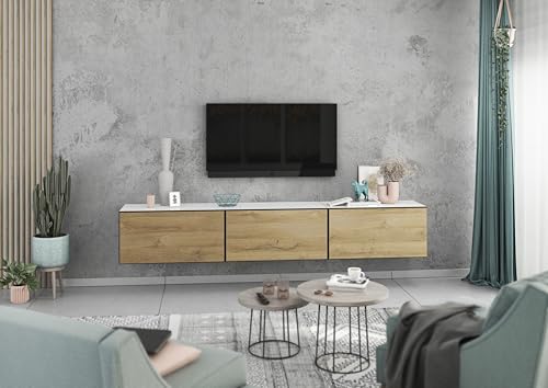 BMG Möbel Lowboard/Sideboard Set 228 cm 3 teilig mit MDF Fronten Schrankset mit Softclose, wählbar in 8 modernen Farbkombinationen (Weiß - Evoke Eiche) von BMG Möbel