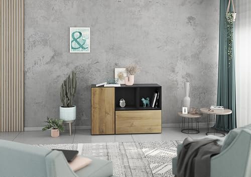 BMG Möbel Lowboard/Sideboard Set Modul+ 4 TLG. in Anthrazit oder Weiß, Fronten wählbar in 4 Farbausführungen mit oder ohne Füße (Anthrazit - Evoke Eiche, Ohne Füße) von BMG Möbel