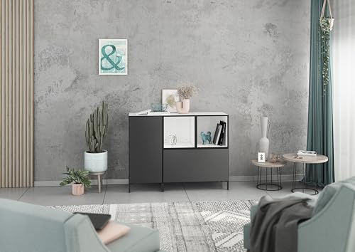 BMG Möbel Lowboard/Sideboard Set Modul+ 4 TLG. in Anthrazit oder Weiß, Fronten wählbar in 4 Farbausführungen mit oder ohne Füße (Weiß - Anthrazit Matt, Mit Füßen) von BMG Möbel