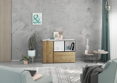 BMG Möbel Lowboard/Sideboard Set Modul+ 4 TLG. in Anthrazit oder Weiß, Fronten wählbar in 4 Farbausführungen mit oder ohne Füße (Weiß - Evoke Eiche, Ohne Füße) von BMG Möbel