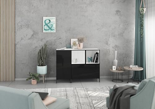 BMG Möbel Lowboard/Sideboard Set Modul+ 4 TLG. in Anthrazit oder Weiß, Fronten wählbar in 4 Farbausführungen mit oder ohne Füße (Weiß - Schwarz Hochglanz, Mit Füßen) von BMG Möbel