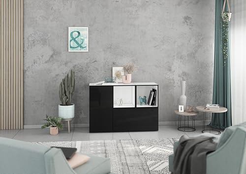 BMG Möbel Lowboard/Sideboard Set Modul+ 4 TLG. in Anthrazit oder Weiß, Fronten wählbar in 4 Farbausführungen mit oder ohne Füße (Weiß - Schwarz Hochglanz, Ohne Füße) von BMG Möbel