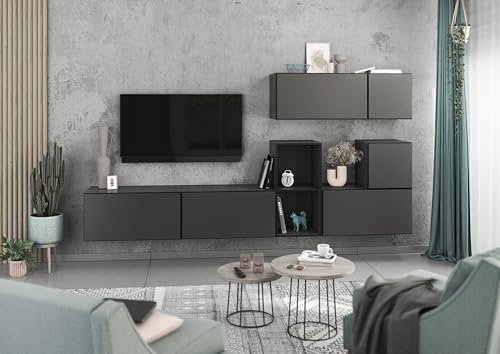 BMG Möbel Modernes Wohnzimmer Wohnwand Set 7 TLG. wählbar aus 8 Farbkombinationen, MDF Fronten tiefgezogen mit Softclose, Schränke mit Klappenfunktion, offenes Regal (Anthrazit - Anthrazit Matt) von BMG Möbel