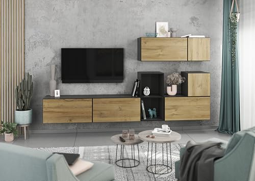 BMG Möbel Modernes Wohnzimmer Wohnwand Set 7 TLG. wählbar aus 8 Farbkombinationen, MDF Fronten tiefgezogen mit Softclose, Schränke mit Klappenfunktion, offenes Regal (Anthrazit - Evoke Eiche) von BMG Möbel