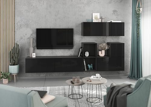BMG Möbel Modernes Wohnzimmer Wohnwand Set 7 TLG. wählbar aus 8 Farbkombinationen, MDF Fronten tiefgezogen mit Softclose, Schränke mit Klappenfunktion, offenes Regal (Anthrazit - Schwarz Hochglanz) von BMG Möbel