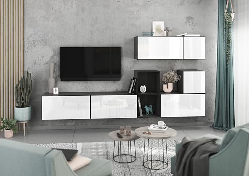BMG Möbel Modernes Wohnzimmer Wohnwand Set 7 TLG. wählbar aus 8 Farbkombinationen, MDF Fronten tiefgezogen mit Softclose, Schränke mit Klappenfunktion, offenes Regal (Anthrazit - Weiß Hochglanz) von BMG Möbel