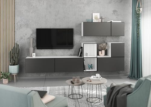 BMG Möbel Modernes Wohnzimmer Wohnwand Set 7 TLG. wählbar aus 8 Farbkombinationen, MDF Fronten tiefgezogen mit Softclose, Schränke mit Klappenfunktion, offenes Regal (Weiß - Anthrazit Matt) von BMG Möbel