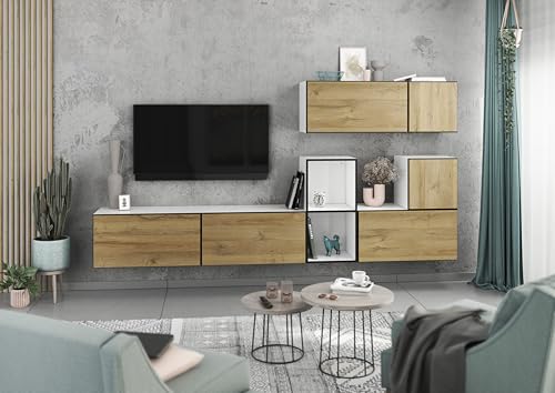 BMG Möbel Modernes Wohnzimmer Wohnwand Set 7 TLG. wählbar aus 8 Farbkombinationen, MDF Fronten tiefgezogen mit Softclose, Schränke mit Klappenfunktion, offenes Regal (Weiß - Evoke Eiche) von BMG Möbel