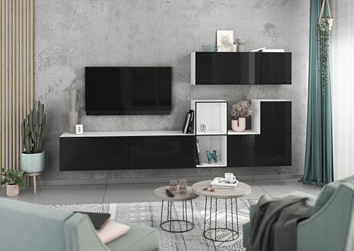 BMG Möbel Modernes Wohnzimmer Wohnwand Set 7 TLG. wählbar aus 8 Farbkombinationen, MDF Fronten tiefgezogen mit Softclose, Schränke mit Klappenfunktion, offenes Regal (Weiß - Schwarz Hochglanz) von BMG Möbel