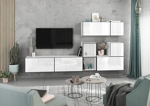 BMG Möbel Modernes Wohnzimmer Wohnwand Set 7 TLG. wählbar aus 8 Farbkombinationen, MDF Fronten tiefgezogen mit Softclose, Schränke mit Klappenfunktion, offenes Regal (Weiß - Weiß Hochglanz) von BMG Möbel