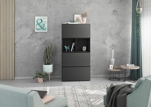 BMG Möbel Modul+ Highboard Set 5 TLG. in Anthrazit oder Weiß, Fronten wählbar in 4, wandhängend oder mit Fußset (Anthrazit - Anthrazit Matt, Ohne Füße) von BMG Möbel