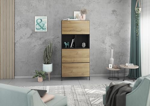 BMG Möbel Modul+ Highboard Set 5 TLG. in Anthrazit oder Weiß, Fronten wählbar in 4, wandhängend oder mit Fußset (Anthrazit - Evoke Eiche, Mit Füßen) von BMG Möbel