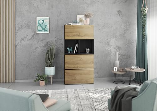 BMG Möbel Modul+ Highboard Set 5 TLG. in Anthrazit oder Weiß, Fronten wählbar in 4, wandhängend oder mit Fußset (Anthrazit - Evoke Eiche, Ohne Füße) von BMG Möbel