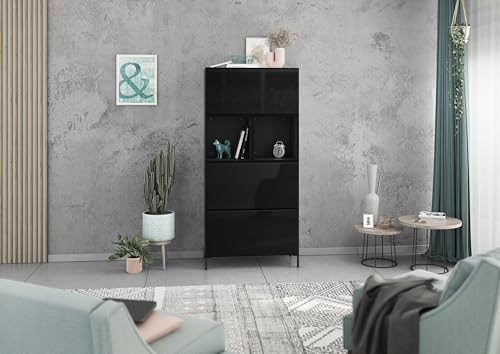 BMG Möbel Modul+ Highboard Set 5 TLG. in Anthrazit oder Weiß, Fronten wählbar in 4, wandhängend oder mit Fußset (Anthrazit - Schwarz Hochglanz, Mit Füßen) von BMG Möbel
