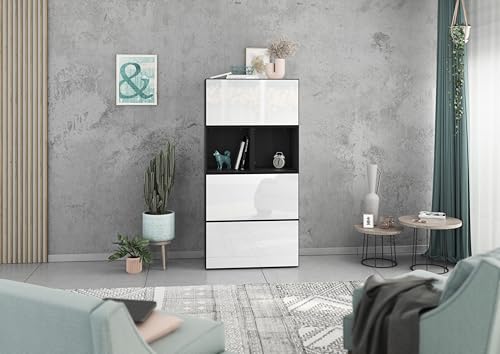 BMG Möbel Modul+ Highboard Set 5 TLG. in Anthrazit oder Weiß, Fronten wählbar in 4, wandhängend oder mit Fußset (Anthrazit - Weiß Hochglanz, Ohne Füße) von BMG Möbel