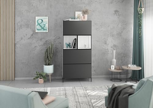 BMG Möbel Modul+ Highboard Set 5 TLG. in Anthrazit oder Weiß, Fronten wählbar in 4, wandhängend oder mit Fußset (Weiß - Anthrazit Matt, Mit Füßen) von BMG Möbel