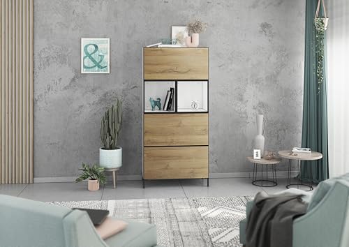 BMG Möbel Modul+ Highboard Set 5 TLG. in Anthrazit oder Weiß, Fronten wählbar in 4, wandhängend oder mit Fußset (Weiß - Evoke Eiche, Mit Füßen) von BMG Möbel