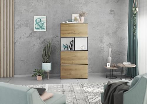 BMG Möbel Modul+ Highboard Set 5 TLG. in Anthrazit oder Weiß, Fronten wählbar in 4, wandhängend oder mit Fußset (Weiß - Evoke Eiche, Ohne Füße) von BMG Möbel